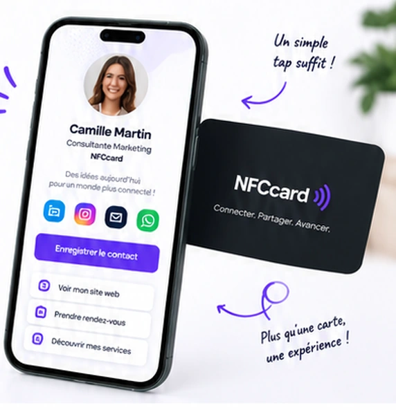 Carte ta-nfc.fr et profil digital affiché sur un smartphone
